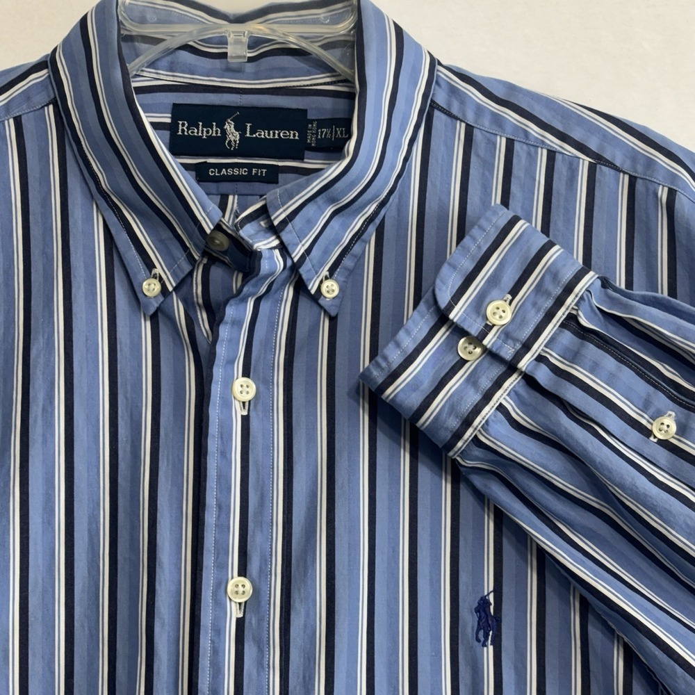 Polo Ralph Lauren Men's Classic-Fit Stripe LS Shirt Blue Navy‎ White 17 1/2 XL